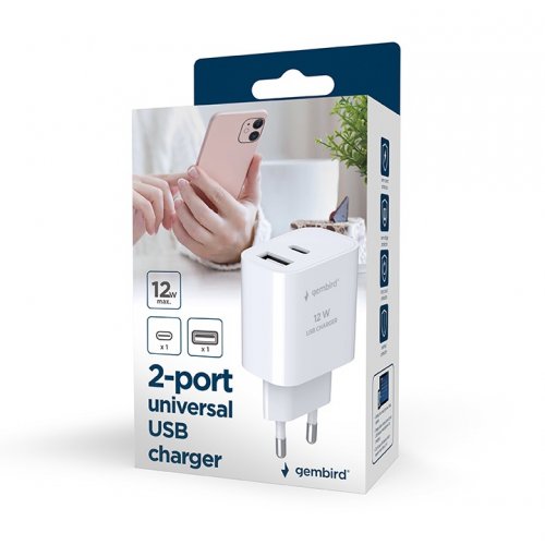 Мережевий зарядний пристрій Gembird USB + USB Type-C 12W (TA-UC-2AC12-01) White купити в Україні | Telemart фото