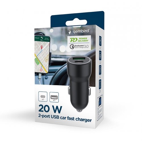 Автомобільний зарядний пристрій Gembird USB + USB Type-C 20W (TA-UC-A2PDQC20-CAR-01) Black купити в Україні | Telemart фото