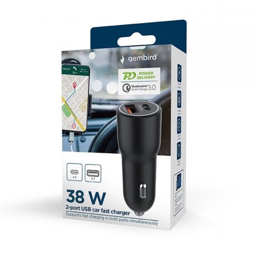 Автомобильное зарядное устройство Gembird USB + USB Type-C 38W (TA-UC-AC2PDQC38-CAR-01) Black купить в Украине | Telemart фото