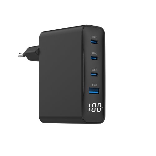 Мережевий зарядний пристрій Gembird GaN USB + 3 x USB Type-C 100W (TA-UC-PDQC100LCD-01-BK) Black купити в Україні | Telemart фото