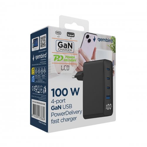 Мережевий зарядний пристрій Gembird GaN USB + 3 x USB Type-C 100W (TA-UC-PDQC100LCD-01-BK) Black купити в Україні | Telemart фото