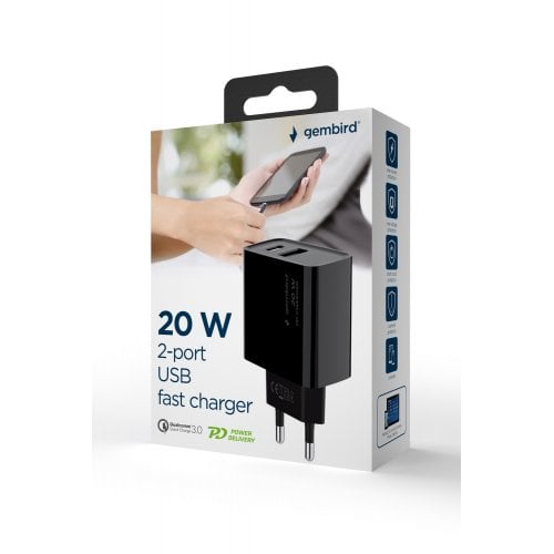 Мережевий зарядний пристрій Gembird USB + USB Type-C 20W (TA-UC-PDQC20-01-BK) Black купити в Україні | Telemart фото