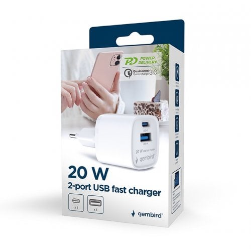 Мережевий зарядний пристрій Gembird USB + USB Type-C 20W (TA-UC-PDQC20-W-01) White купити в Україні | Telemart фото