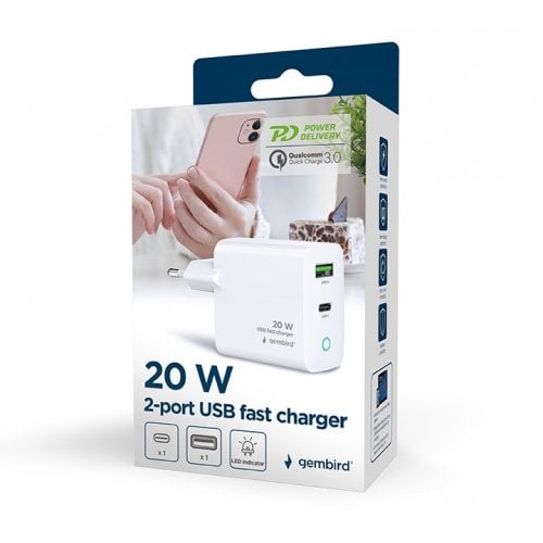 Мережевий зарядний пристрій Gembird USB + USB Type-C 20W (TA-UC-PDQC20L-W-01) White купити в Україні | Telemart фото
