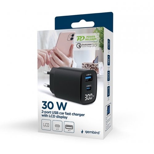 Мережевий зарядний пристрій Gembird USB + USB Type-C 30W (TA-UC-PDQC30LCD-BK-01) Black купити в Україні | Telemart фото