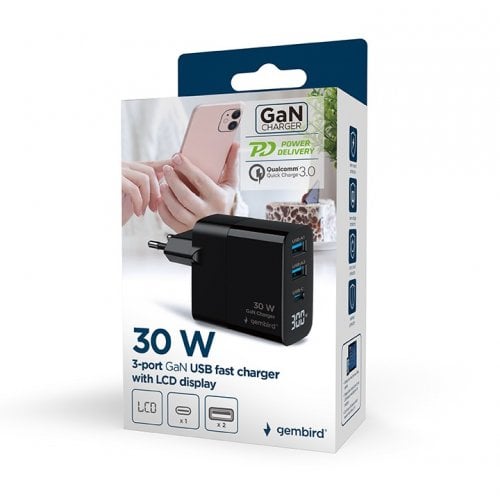 Мережевий зарядний пристрій Gembird GaN 2 x USB + USB Type-C 30W (TA-UC-PDQC30LCD-BK-02) Black купити в Україні | Telemart фото