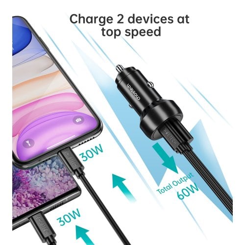 Автомобільний зарядний пристрій Choetech USB + USB Type-C 60W (TC0014-BK) Black купити в Україні | Telemart фото