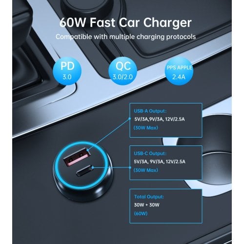 Автомобільний зарядний пристрій Choetech USB + USB Type-C 60W (TC0014-BK) Black купити в Україні | Telemart фото