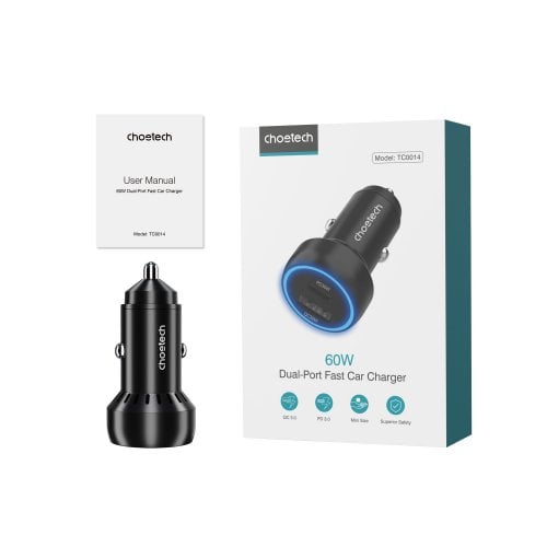 Автомобільний зарядний пристрій Choetech USB + USB Type-C 60W (TC0014-BK) Black купити в Україні | Telemart фото