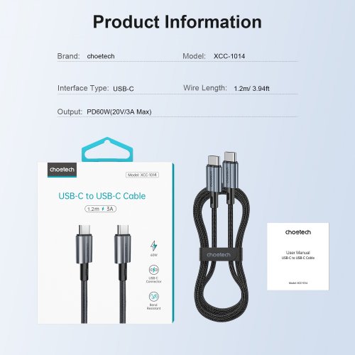 Кабель Choetech USB 2.0 Type-C to USB Type-C 60W 1.2m (XCC-1014-BK) Black купити в Україні | Telemart фото