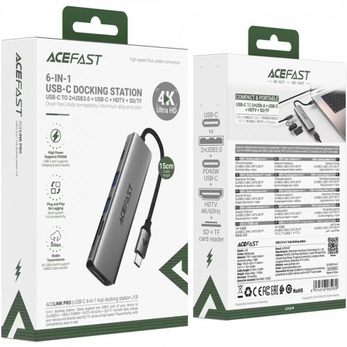 Док-станція Acefast J18 Docking Station USB Type-C 6 in 1 (6974316285939) Grey купити в Україні | Telemart фото
