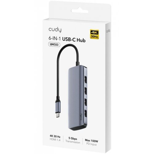 USB-хаб Cudy UH500 USB Type-C 6 in 1 Grey купити в Україні | Telemart фото