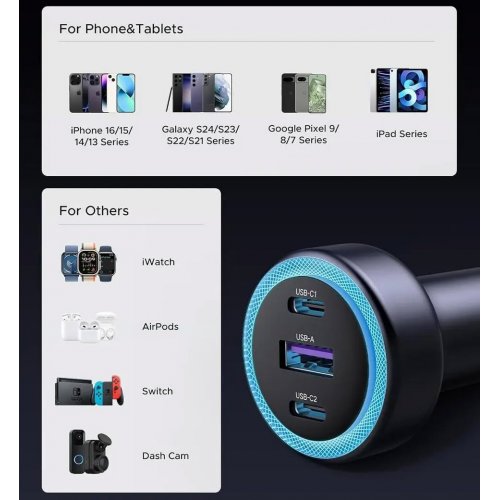 Автомобильное зарядное устройство Ugreen EC307 USB + 2 x USB Type-C 30W (45843) Gray купить в Украине | Telemart фото