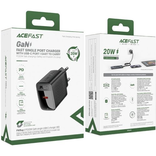 Мережевий зарядний пристрій Acefast A82 GaN USB Type-C 20W + Cable USB Type-C (6974316280057) Black купити в Україні | Telemart фото