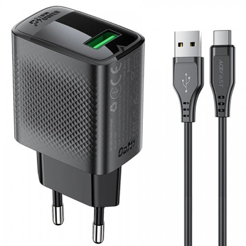 Мережевий зарядний пристрій Acefast A90 GaN USB 18W + Cable USB Type-C (6974316280064) Black купити в Україні | Telemart фото