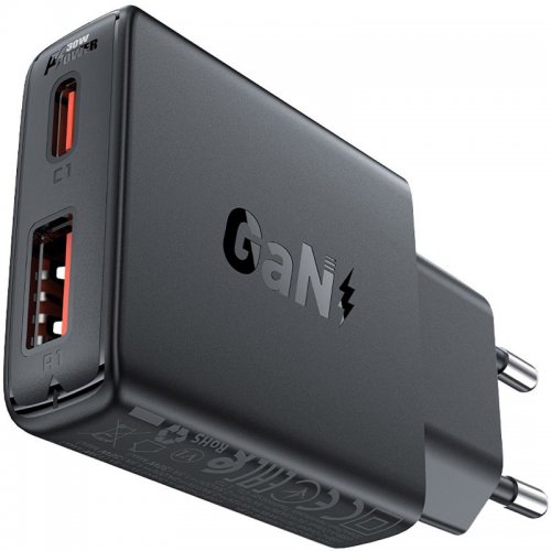 Мережевий зарядний пристрій Acefast A69 GaN USB + USB Type-C 30W (6974316282709) Black купити в Україні | Telemart фото