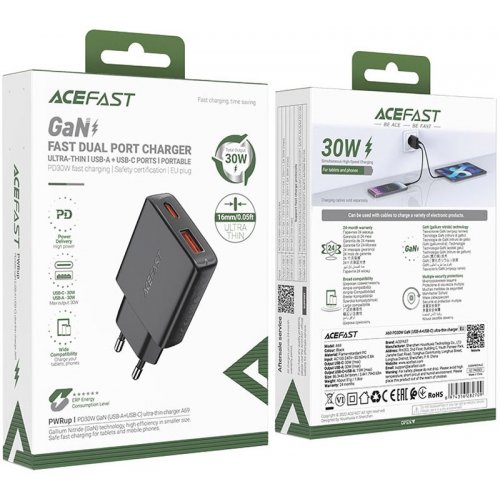 Мережевий зарядний пристрій Acefast A69 GaN USB + USB Type-C 30W (6974316282709) Black купити в Україні | Telemart фото