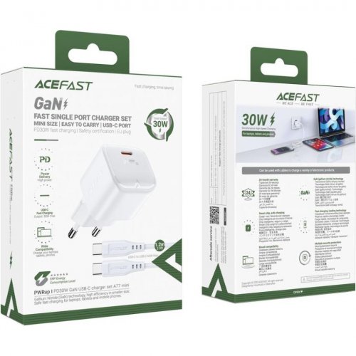Мережевий зарядний пристрій Acefast A77 mini GaN USB Type-C 30W + Cable USB Type-C (6974316282853) White купити в Україні | Telemart фото