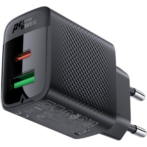 Мережевий зарядний пристрій Acefast A78 GaN USB + USB Type-C 20W (6974316283256) Black купити в Україні | Telemart фото