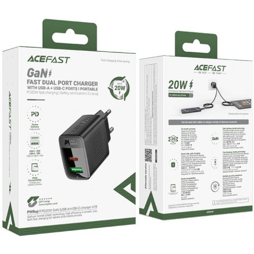 Мережевий зарядний пристрій Acefast A78 GaN USB + USB Type-C 20W (6974316283256) Black купити в Україні | Telemart фото