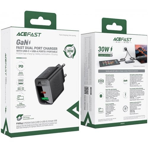 Мережевий зарядний пристрій Acefast A98 GaN USB + USB Type-C 30W (6974316283263) Black купити в Україні | Telemart фото