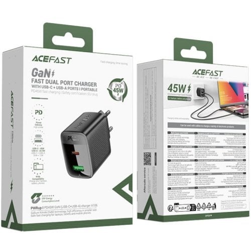 Мережевий зарядний пристрій Acefast A106 GaN USB + USB Type-C 45W (6974316284031) Black купити в Україні | Telemart фото