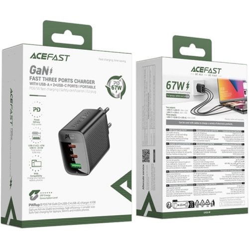 Мережевий зарядний пристрій Acefast A108 GaN USB + 2 x USB Type-C 67W (6974316284048) Black купити в Україні | Telemart фото