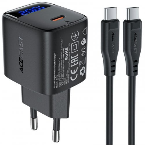 Мережевий зарядний пристрій Acefast A113 GaN USB Type-C 20W + Cable USB Type-C (6974316284420) Black купити в Україні | Telemart фото