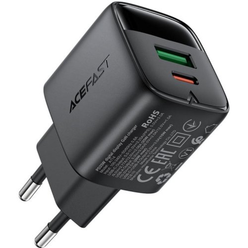Мережевий зарядний пристрій Acefast A114 GaN USB + USB Type-C 25W (6974316284437) Black купити в Україні | Telemart фото