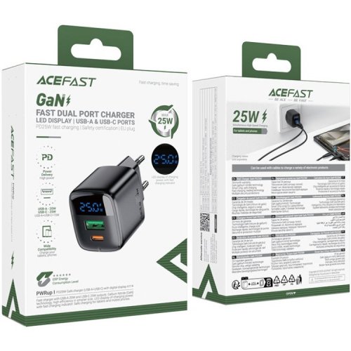 Мережевий зарядний пристрій Acefast A114 GaN USB + USB Type-C 25W (6974316284437) Black купити в Україні | Telemart фото