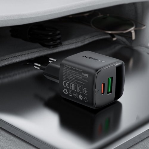 Мережевий зарядний пристрій Acefast A114 GaN USB + USB Type-C 25W (6974316284437) Black купити в Україні | Telemart фото
