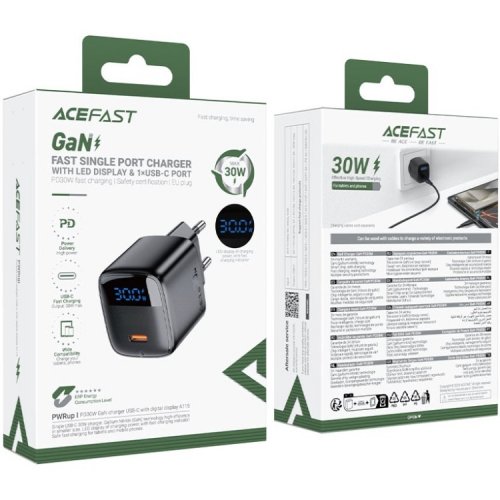 Мережевий зарядний пристрій Acefast A115 GaN USB Type-C 30W + Cable USB Type-C (6974316284451) Black купити в Україні | Telemart фото