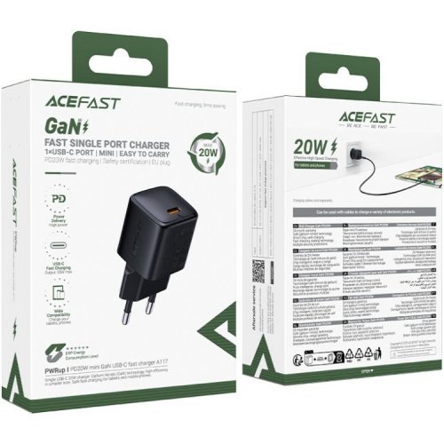 Мережевий зарядний пристрій Acefast A117 mini GaN USB Type-C 20W (6974316284987) Black купити в Україні | Telemart фото