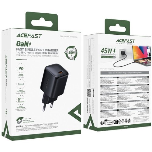 Мережевий зарядний пристрій Acefast A119 GaN USB Type-C 45W (6974316285007) Black купити в Україні | Telemart фото