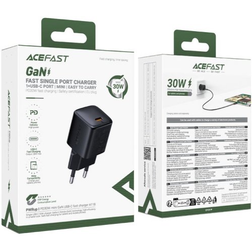 Мережевий зарядний пристрій Acefast A118 GaN USB Type-C 30W + Cable USB Type-C (6974316285175) Black купити в Україні | Telemart фото