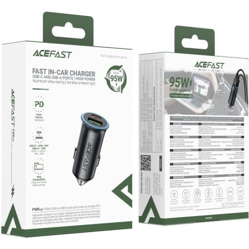 Автомобильное зарядное устройство Acefast B16 USB + USB Type-C 95W + Cable USB Type-C (6974316285304) Gray купить в Украине | Telemart фото