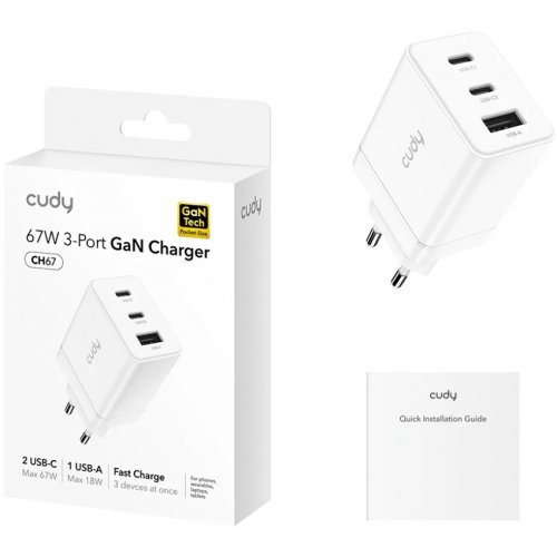 Мережевий зарядний пристрій Cudy CH67 GaN USB + 2 x USB Type-C 67W White купити в Україні | Telemart фото