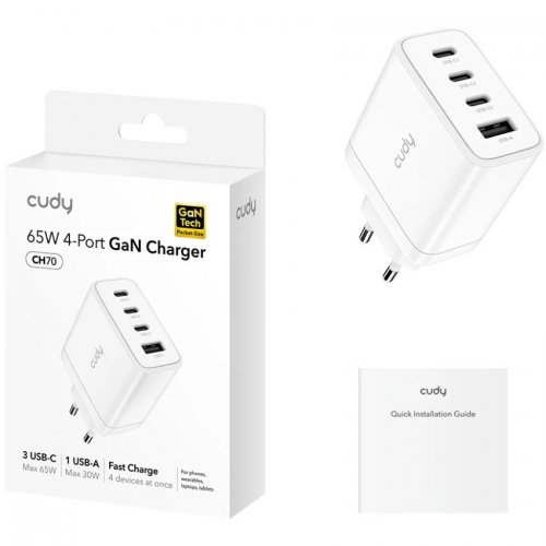 Мережевий зарядний пристрій Cudy CH70 GaN USB + 3 x USB Type-C 65W White купити в Україні | Telemart фото