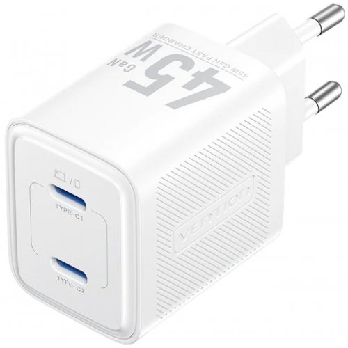 Сетевое зарядное устройство Vention GaN 2 x USB Type-C 45W (FEFW0-EU) White купить в Украине | Telemart фото
