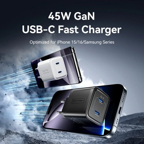 Сетевое зарядное устройство Vention GaN 2 x USB Type-C 45W (FEFW0-EU) White купить в Украине | Telemart фото