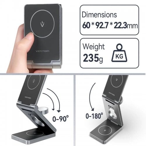 Бездротовий зарядний пристрій Vention 3 in 1 Wireless 15W (FGFH0) Gray купити в Україні | Telemart фото