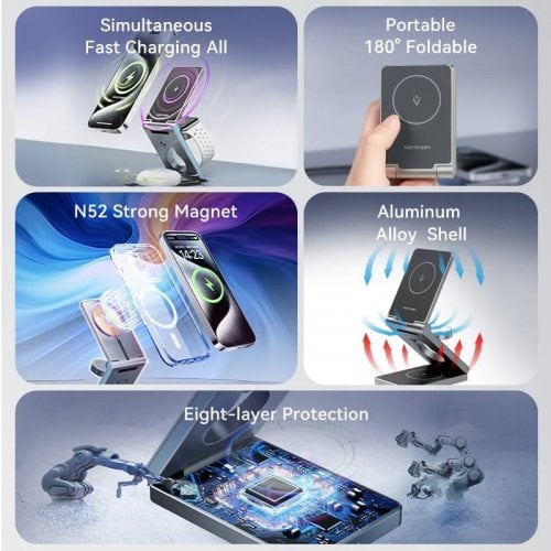 Бездротовий зарядний пристрій Vention 3 in 1 Wireless 15W (FGFH0) Gray купити в Україні | Telemart фото