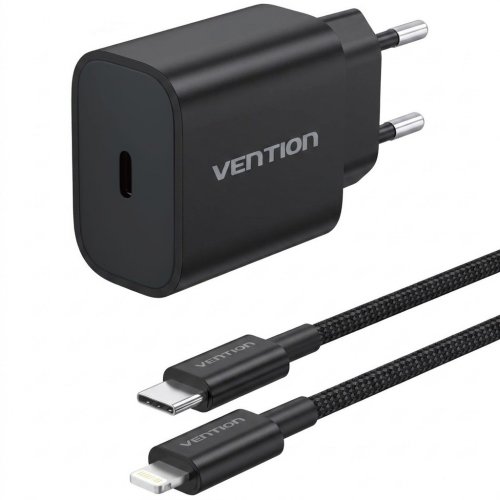 Сетевое зарядное устройство Vention USB Type-C 20W + Cable USB Type-C - Lightning (G17B0-EU) Black купить в Украине | Telemart фото