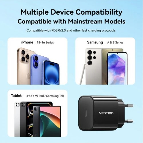 Сетевое зарядное устройство Vention USB Type-C 20W + Cable USB Type-C - Lightning (G17B0-EU) Black купить в Украине | Telemart фото