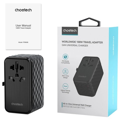 Мережевий зарядний пристрій Choetech PD6028 Travel GaN 2 x USB + 2 x USB Type-C 100W (PD6028-BK) Black купити в Україні | Telemart фото