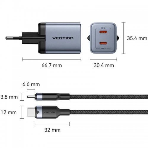Сетевое зарядное устройство Vention GaN 2 x USB Type-C 45W + Cable USB Type-C (TZ-FCDH0-EU) Black купить в Украине | Telemart фото