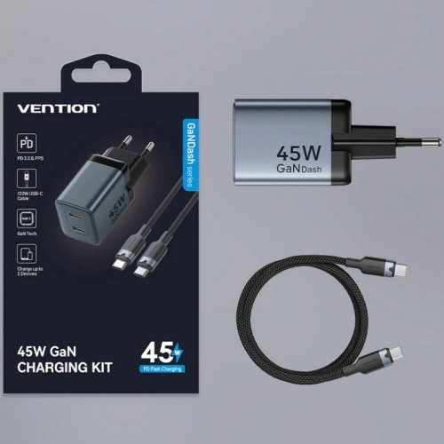 Сетевое зарядное устройство Vention GaN 2 x USB Type-C 45W + Cable USB Type-C (TZ-FCDH0-EU) Black купить в Украине | Telemart фото