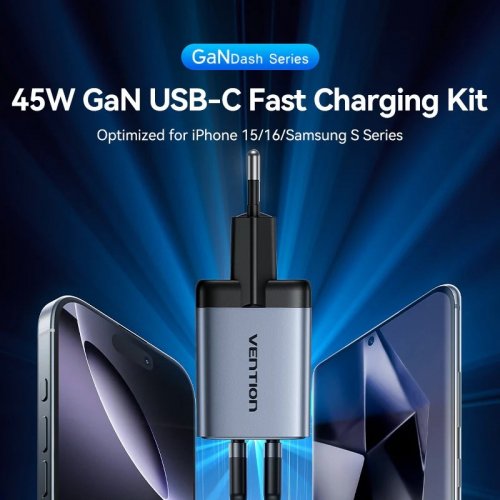 Сетевое зарядное устройство Vention GaN 2 x USB Type-C 45W + Cable USB Type-C (TZ-FCDH0-EU) Black купить в Украине | Telemart фото