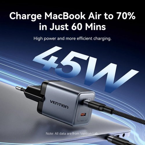 Сетевое зарядное устройство Vention GaN 2 x USB Type-C 45W + Cable USB Type-C (TZ-FCDH0-EU) Black купить в Украине | Telemart фото