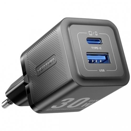 Сетевое зарядное устройство Vention USB + USB Type-C 30W + Cable USB Type-C (TZ-FEQB0-EU-01) Black купить в Украине | Telemart фото